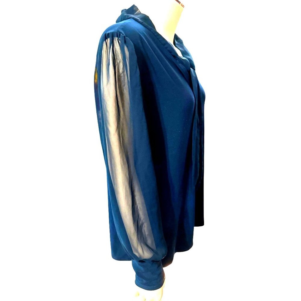 Adele May Navy Blouse Large Sheer Sleeve Tie Neck Keyhole Romantic Soft Glam - Picture 6 of 10